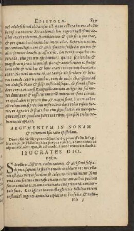 Argvmentvm In Nonam [et] vltimam Isocratis epistolam.