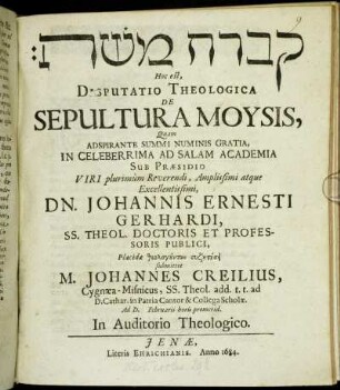 [...] Hoc est, Disputatio Theologica De Sepultura Moysis