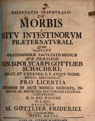 Diss. inaug. de morbis a situ intestinorum praeternaturali