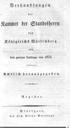 1,5: Landtag Württemberg - Kammer 1, Register, 1833 - 2. Landtag