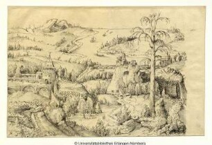 Landschaft mit zwei einander gegenüberliegenden Burgen. Im Hintergrunde Flußmündung