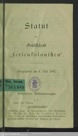 Statut der Gesellschaft "Ferienkolonisten" : ausgegeben am 4. Mai 1887