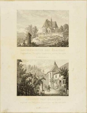 Zwei Darstellungen: Die Annenkirche und Ortsansicht von Graupen (Krupka) in Nordböhmen, Blatt aus dem Sächsischen Kunstverein