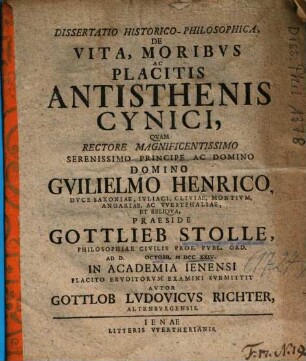 Dissertatio Historico-Philosophica, De Vita, Moribvs Ac Placitis Antisthenis Cynici
