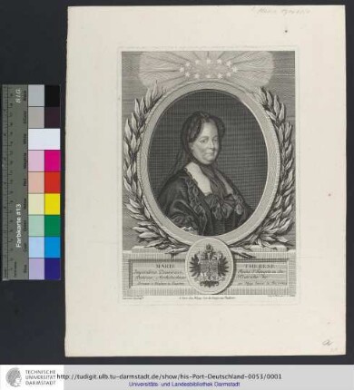 Marie Therese Imperatrice Douairiere, Reine d'Hongrie et de Bohême, Archiduchesse d'Autriche & c. / Présentée à Madame la Dauphine par Bligny Lancier du Roi ; Peint à Vienne par Ducreux, Peintre de leurs Majestés Imp.es ; Gravé à Paris par L. J. Cathelin