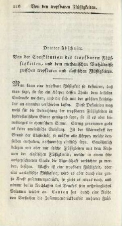 Dritter Abschnitt. Von der Constitution der tropfbaren Flüssigkeiten, und dem mechanischen Verhältnisse zwischen tropfbaren und elastischen Flüßigkeiten