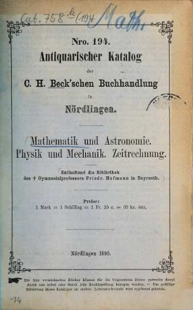 Antiquarischer Katalog der C. H. Beck'schen Buchhandlung in Nördlingen. 194. 1890