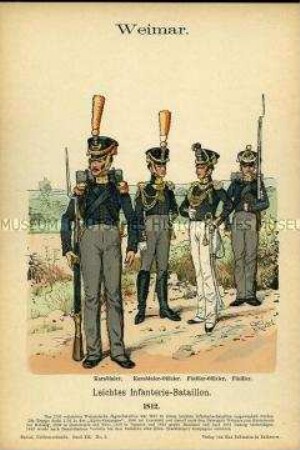 Uniformdarstellung, Karabinier, Karabinier-Offizier, Füsilier-Offizier, Füsilier, Herzogtum Sachsen-Weimar-Eisenach, 1812.