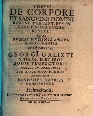 Theses de corpore et sanguine Domini reapse praesentibus in ss. eucharistia