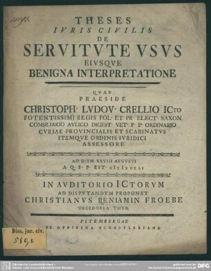 Theses Iuris Civilis De Servitute Usus Eiusque Benigna Interpretatione