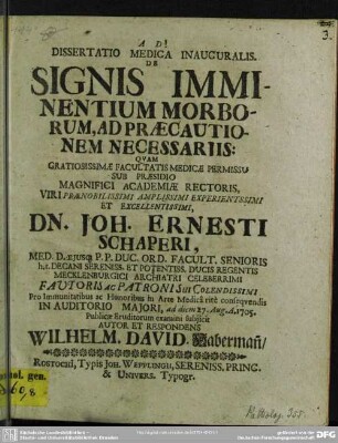 Dissertatio Medica Inauguralis. De Signis Imminentium Morborum, Ad Praecautionem Necessariis