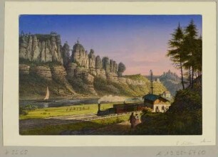 Die Basteifelsen bei Rathen in der Sächsischen Schweiz vom linken Elbufer nach Nordosten gesehen, im Vordergrund eine Eisenbahn auf der 1851 eröffneten Dresden-Bodenbacher Linie