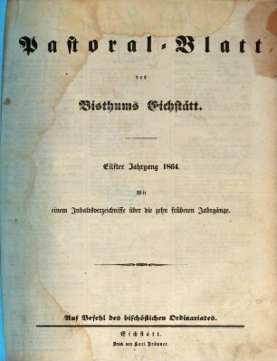 Pastoralblatt : Amtsblatt des Bistums Eichstätt. 11. 1864