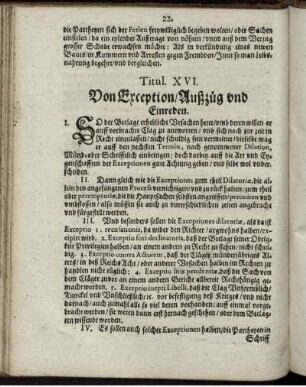 Titul. XVI. Von Exception/ Außzüg und Einreden