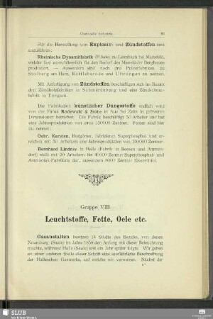 Gruppe VIII. Leuchtstoffe, Fette, Oele etc