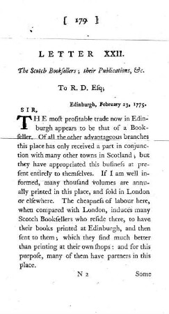 XXII. The Scotch Booksellers; their Publications, Etc. To the Same.