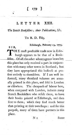 XXII. The Scotch Booksellers; their Publications, Etc. To the Same.