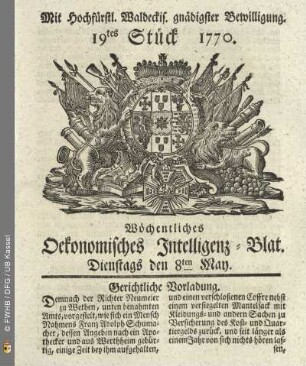 19tes Stueck, Dienstags den 8ten May 1770