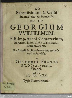 Ad electorem Brandenburgicum Georgium Wilhelmum in Marchiam reducem acclamatio votiva