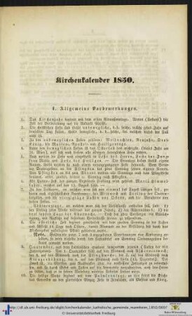 Kirchenkalender 1850.