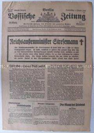 Tageszeitung "Vossische Zeitung" zum Tod von Reichsaußenminister Stresemann