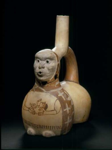 Double-bodied jar with application: anthropomorphic head; Fineline Painting: arms and child