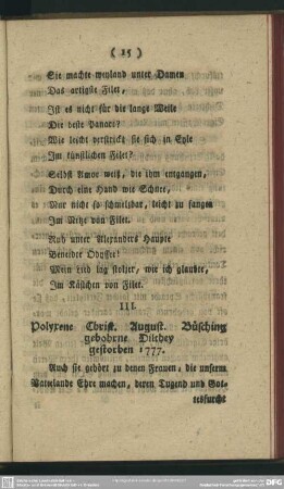 Polyrene Christ. August. Büsching gebohrne Dilthey, gestorben 1777 [I. Schilderungen deutscher Frauenzimmer]