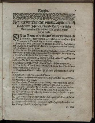 Register der Puncten unnd Capiteln, auff welche dem Jesuiten, Jacob Hackh, in dieser Antwort ordentlich, und von Blat zu Blat geantwortet wirdt.