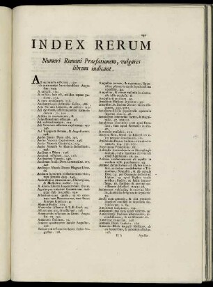 Index Rerum Numeri Romani Praefationem, vulgares librum indicant.
