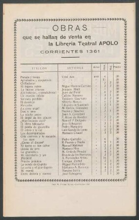 Obras que se hallan de venta en la Librería Teatral Apolo