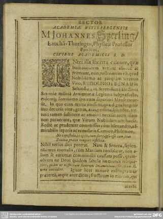 Rector Academiae Wittebergensis M Johannes Sperling ...