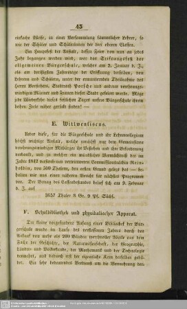 F. Schulbibliothek und physikalische Apparat