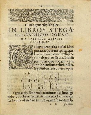 Clauis generalis Triplex In Libros Steganographicos Johannis Trithemii Abbatis Spanhemensis