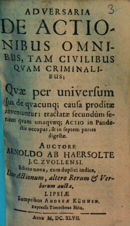 Adversaria De Actionibus Omnibus, Tam Civilibus Qvam Criminalibus
