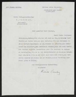 Brief von Thomas Barclay an Samuel Fischer