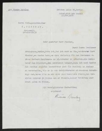 Brief von Thomas Barclay an Samuel Fischer