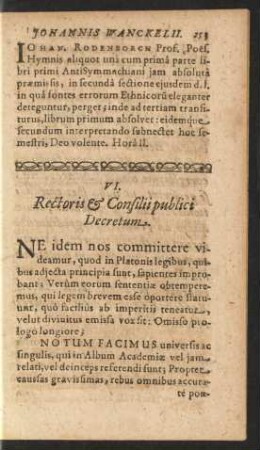 VI. Rectoris & Consilii publici Decretum.