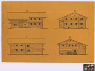 Mittelberg (Kleinwalsertal, [Landkreis Sonthofen]): Hof Moosbrugger. Haupthaus (zwei Seiten-Ansichten, zwei Giebel-Ansichten)