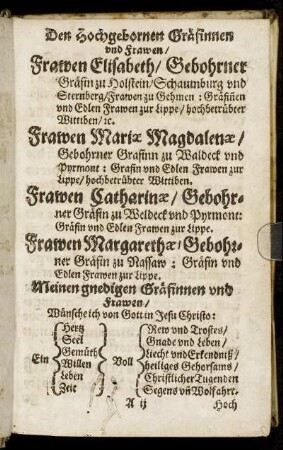 Der Hochgebornen Gräfinnen und Frawen/ Frawen Elisabeth/ Gebohrner Gräfin zu Holstein [...] Frawen Mariæ Magdalenæ/ Gebohrner Grafinn zu Waldeck [...] Frawen Catharinæ/ Gebohrner Gräfin zu Nassaw [...]