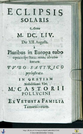Eclipsis Solaris Anno M. DC. LIV …