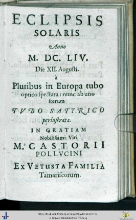 Eclipsis Solaris Anno M. DC. LIV …
