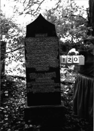 Grabstein 120 (Index: 100101112) Material: Granit Zustand: gut Maße HxBxT: 185x47x19 cm Beschreibung: Stele, Sockel, Vorhangbogenabschluß: Grabstein 120