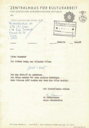 Brief Zentralhaus für Kulturarbeit