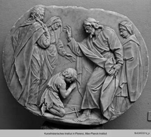 Ehemaliger Altar und Chorschranken (Fragmente: Domopera) : Der Johannesknabe wird zum Abschied vom Vater gesegnet (ehemals Baptisterium, Chorschranke)