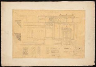 Palais Prinz Karl (Palais am Wilhelmplatz), Berlin: Erweiterte Kopie nach einem Entwurfsaquarell von K. F. Schinkel (um 1927): Aufriss Wand des Tanzsaales mit Musiktribüne und Tür, Bortendetails mit arabesker Ornamentik, Figurenfries, Konsolen, Maßstabsleiste (Durchzeichnung?)