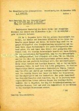 Innerbehördliches Schreiben des Braunschweigischen Staatsministeriums zur Sammlung für das Winterhilfswerk