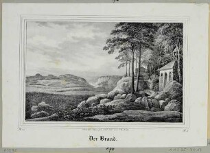 Der Brand bei Hohnstein in der Sächsischen Schweiz mit einer Eremitage und der Aussicht nach Westen in das Elbtal und zur Bastei, aus der Zeitschrift Saxonia um 1840