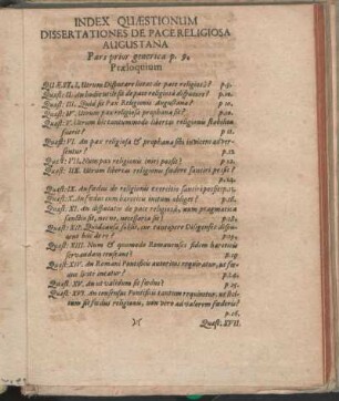 Index Quæstionum Dissertationes De Pace Religiosa Augustana