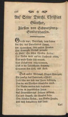 Auf Seine Durchl. Christian Günther, Fürsten von Schwarzburg-Sondershausen