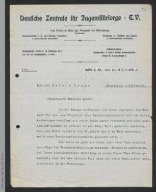 Brief von Frieda Duensing an Helene Lange